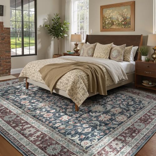 Lofus Washable Rugs for Living Room 8 x 10, Floral Navy Blue and Rust Red - Image 2