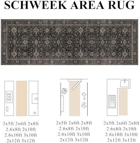 Schweek 2.6x10 Kitchen Runner Rug Washable Non Slip Hallway Runners Black - Image 2