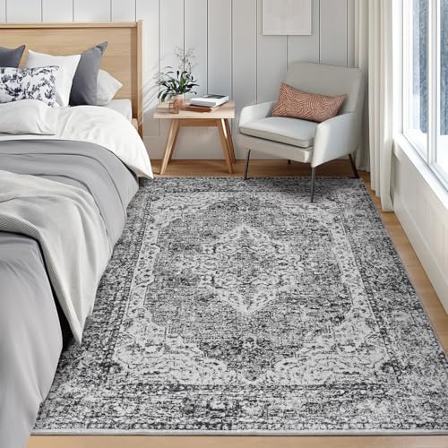 Lofus 5x7 Area Rugs for Living Room, Washable Area Rug, Rugs for Bedroom, Kitchen, Vintage Boho Carpet, Soft Non-Slip, Low Pile Large Area Rug for Office Dining Room, Vintage Dark Grey - Image 2