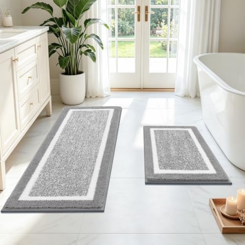 Pauwer Bathroom Rugs Sets 2 Piece, Non Slip Washable Bath Mat, Light Grey by Pauwer