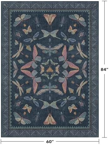 5x7 Navy Blue Boho Rugs for Living Room, Stain Resistant Non Slip Area Rug for Dining Room, Whimsical Bedroom Insect Carpet, Dark Vintage Décor Indoor, Low Pile & Soft - Image 2