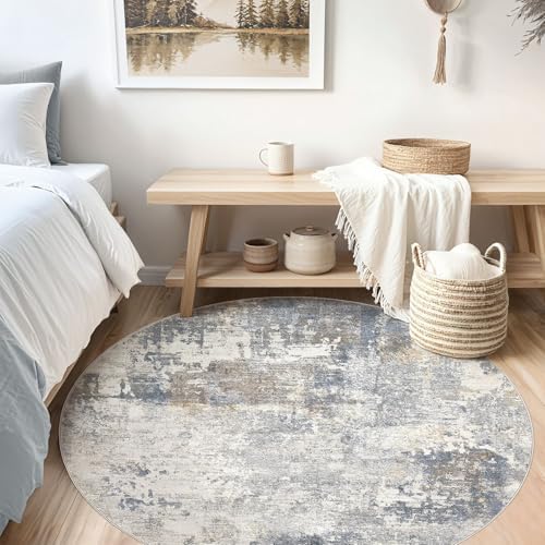 UERMEI 5ft Round Area Rug Living Room Rugs - 5x5 Washable Neutral Modern Abstract Soft Thin Rug Indoor Floor No Slip Rug Carpet for Bedroom Under Dining Table Home Office Decor - Blue Grey - Image 4