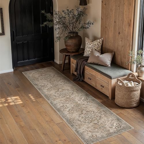 PureCozy Brown Runner Rug 2x8 Kitchen Vintage Floral Non-Slip Carpet by PureCozy