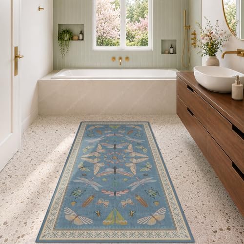 3x6 Washable Rug, Ultra Soft Runner Rug for Bathroom, Large Kitchen, Kids Bedroom Bedside & Entryway, Non Slip Low Pile Stain & Fade Resistant Area Rug, Dusty Blue Insect Design by HazoHaus