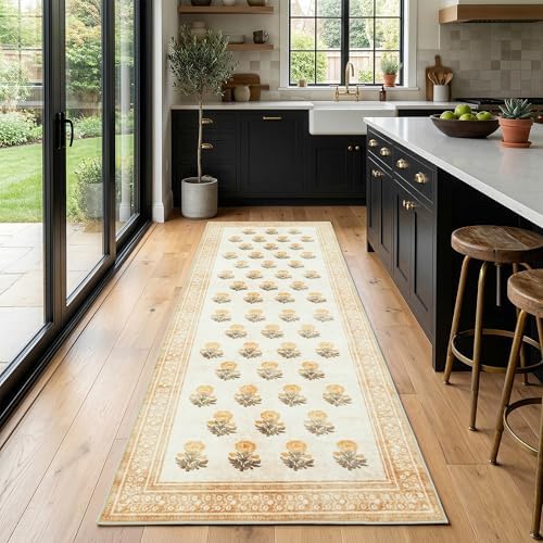 Non Slip 2x6 Kitchen Runner Rug Washable, Hallway Runner Rugs, Boho Vintage Floral Beige Brown Non Skid Carpet Stain Resistance Ultra Soft Low Pile for Entryway, Bathroom Mats for Floor - Image 5