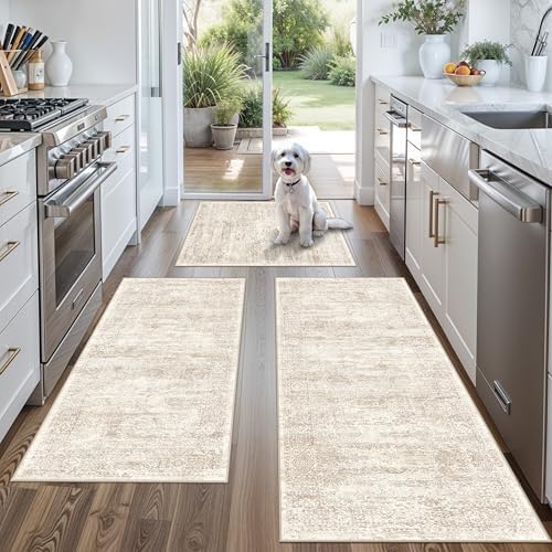 Kitchen Rug Sets 3 Piece Washable – Non Slip Modern Boho Small Kitchen Rugs and Runner Set for Sink Entryway Bathroom Hallway – Soft Low Pile Floor Mats (Cream Beige, 2x3+2x4+2x5) by BYYVOORugsforYourHome