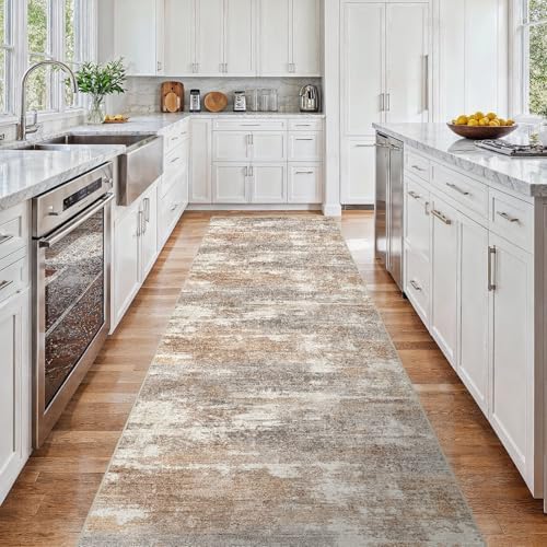3x15 Runner Rug Washable Abstract: Non Slip Hallway Floor Mat Brown/Brick - Image 2