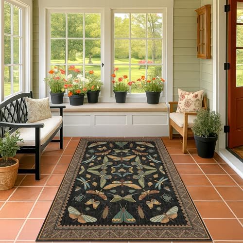 Insect Print Washable 4x6 Entryway Rug - Non-Slip Low Pile Area Rug for Large Kitchen, Bedroom, Office - Ultra Soft Aesthetic Decor, Black & Brown - Image 3