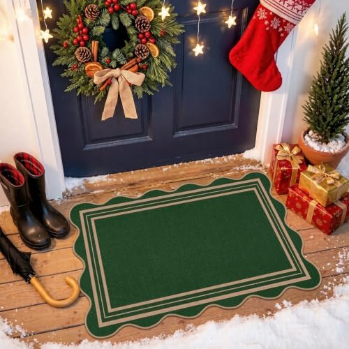 Easy Jute Christmas Outdoor Mats for Front Door, 2x3 Small Washable Kitchen Rugs, Farmhouse Green Throw Rug Non Slip Indoor Outdoor Carpet for Porch Entryway Foyer by LORWER