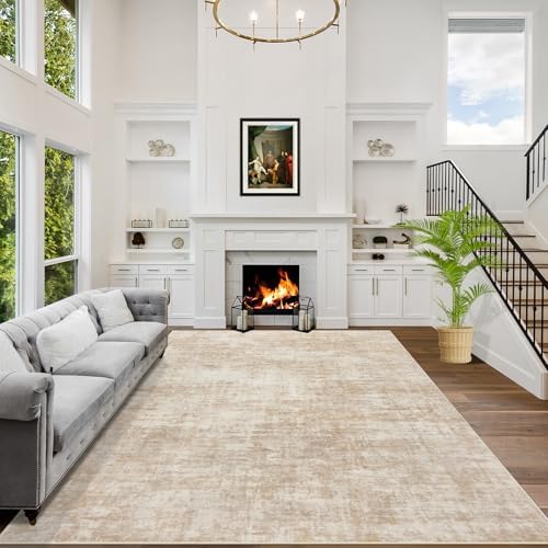 9x12 Area Rugs for Living Room: Washable Abstract Beige Bedroom Carpet by GENTDRIZZ