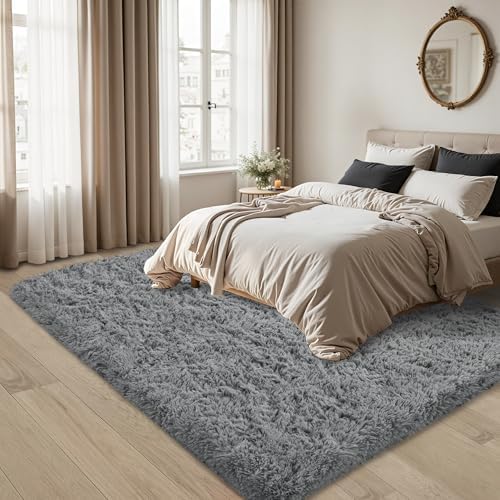 5x8 Area Rug for Living Room,Light Gray Fluffy Shag Non-Slip Bedroom Rugs - Image 3