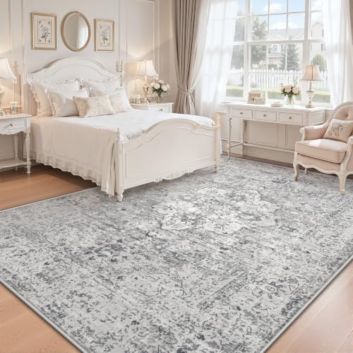 Zomfy 5x7 Area Rugs Washable Rug: Boho Vintage Rug Non-Slip Soft Rugs for Living Room Low Pile Retro Medallion Indoor Carpet for Bedroom Nursery Dining Room Dorm Farmhouse Home Office(Grey, 5'x7') - Image 2