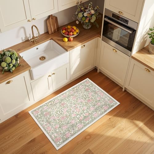 GarveeHome Pink Green Beige Floral Washable 2x3 Rug for Entryway Door Mat - Image 2