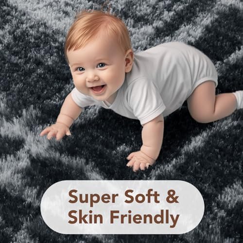 9x12 Non-Slip Fluffy Area Rugs For Living Room (Black and Gray Checkered) - Image 3