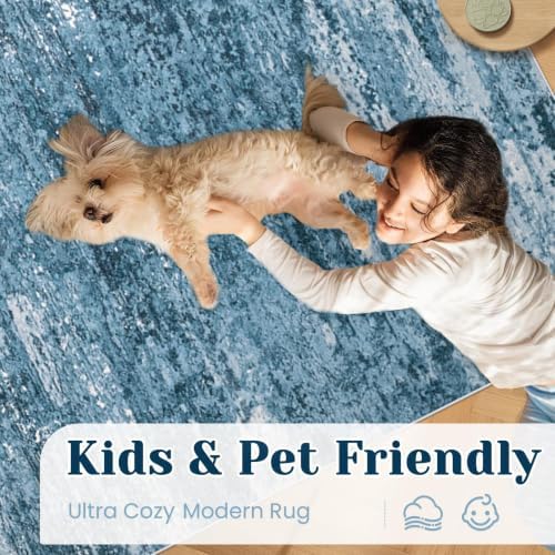 Washable Rug 8x10 Area Rugs for Living Room: Large Neutral Soft Rug Abstract Non Slip Low Pile Modern Carpet for Bedroom Kitchen Nursery Office Dining Room Indoor (Darkblue, 8'x10') - Image 5