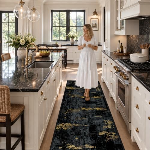 RELEANY Washable Runner 2'x6' Abstract Area Rug for Hallway Black Gold - Image 2