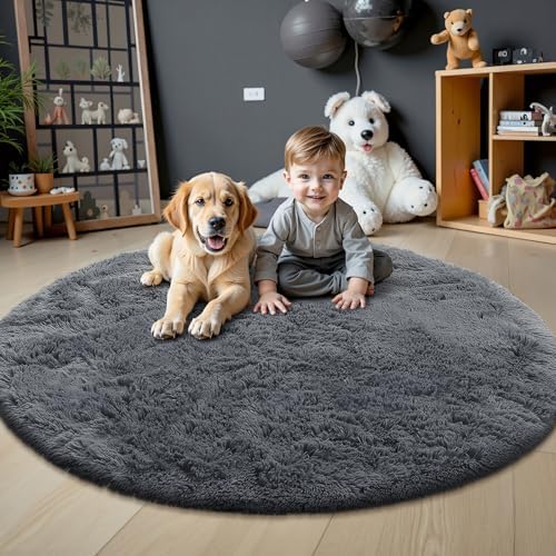OLANLY Grey Round Rugs for Bedroom - Machine Washable, 8 ft Circle Area Rugs for Living Room, Soft and Fluffy Shaggy Carpet for Teen Girls and Boys, Nursery Rooms, Dorms, Home Decor Aesthetic - Image 2