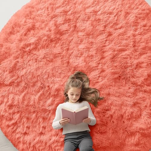 OLANLY Coral Red Round Rugs for Bedroom - Machine Washable, 9 ft Circle Area Rugs for Living Room, Soft and Fluffy Shaggy Carpet for Teen Girl and Boys, Nursery Rooms, Dorms, Home Decor Aesthetic by OLANLY