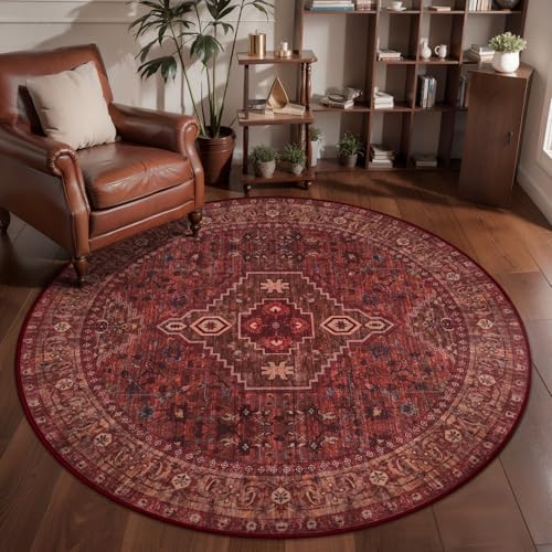 Tangsoo Red Round Area Rugs 5ft, Washable Oriental Non Slip Circle Rug by Tangsoo