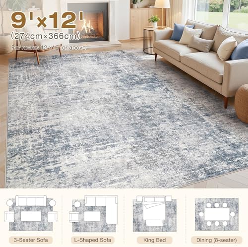 kakania Abstract 9x12 Area Rugs for Living Room: Washable Rugs Blue Grey - Image 2