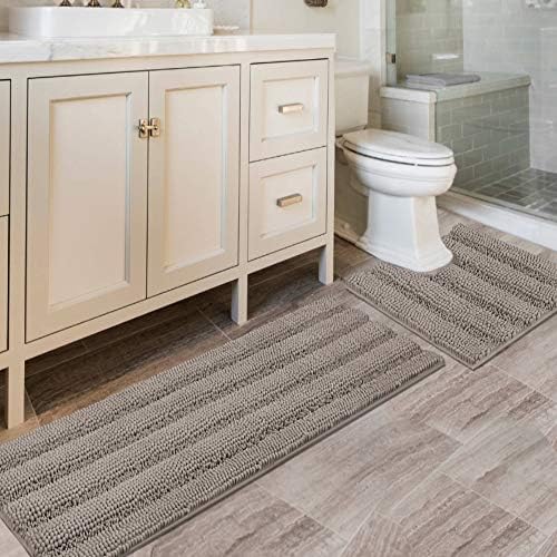 H.VERSAILTEX Bathroom Rugs Bath Rug Set 2 Piece Bathroom Contour Rug Toilet Mat Sets Non Slip Contour Bath Rug Ultra Thick Water Absorbent Striped Bath Mats Washable(47" x 17" Plus 20" x 20" U, Taupe) by HVERSAILTEX