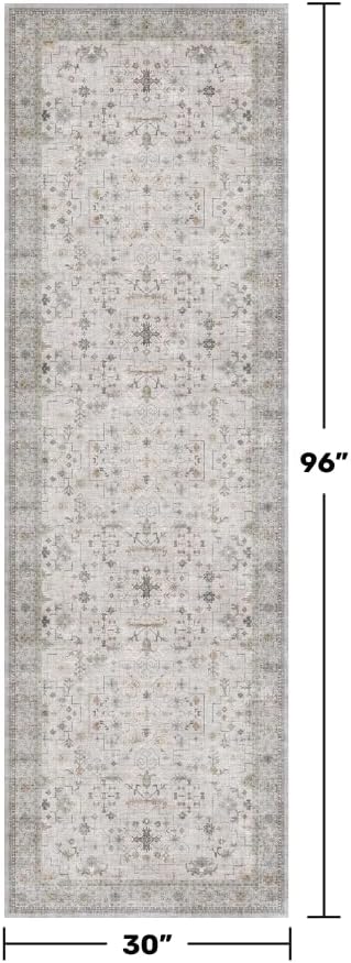 Hazo Haus Washable Light Gray & Sage 2'6"x8' Wide Runner Rugs for Kitchen, Boho Bathroom Rug, Non-Slip & Stain Resistant Long Floor Hallway Rug, Vintage Neutral Floral Décor - Image 2