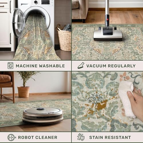 Hazo Haus Washable Living Room Rug 7x10 - Sage Floral Rugs for Bedroom, Vintage Bird Patterned Dining Room Kitchen Table Rug for Under Table, Stain Resistant Non-Slip - Image 4