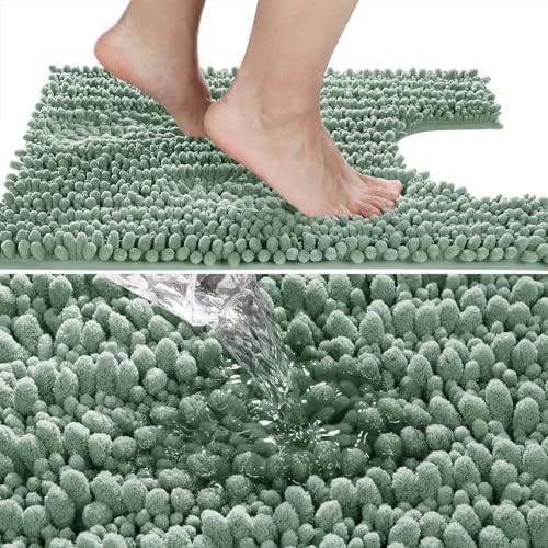 Yimobra Toilet Rug U Shaped Washable 24x24 Inch - Ultra Soft Absorbent Chenille Bath Rugs for Toilet, Quick Dry & Machine Washable, Non Slip Contour Bathroom Mat, Green - Image 3