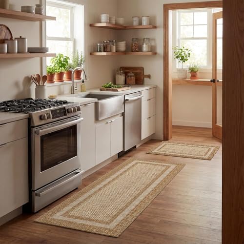 Artoid Mode Beige Rectangle Plaid Kitchen Mats Set of 2-17x29 + 17x47 - Image 2