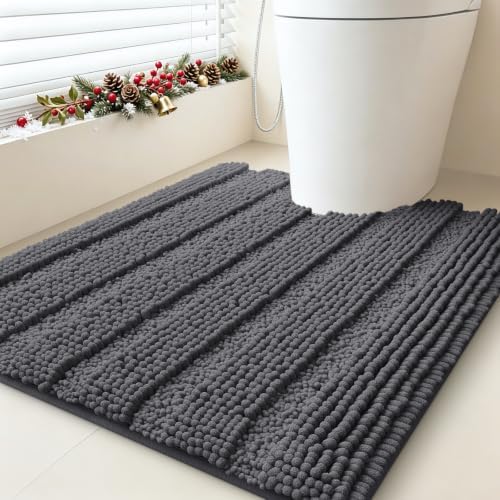 Striped Grey Toilet Bathroom Rug Mat 24" x 20" Contour Rug Ultra Soft, Non Slip Chenille Bath Rugs, Absorbent Plush Shaggy Bath Mats for Bathroom, Bedroom, Kitchen, Shower, Tub,Dark Gray, Charcoal by ACCUMTEK