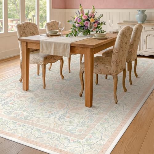 Light Pink 6x9 Girl Bedroom Rug Low Pile & Soft, Botanical Floral Washable Oushak Area Rug for French Country Living Room, Nuresry, Pastel Pink Non Slip Soft Kids Room Décor - Image 3