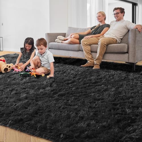 Shaggy Fluffy Bedroom Carpets 6x9 Ft, Black Modern Living Room Area Rugs - Image 3