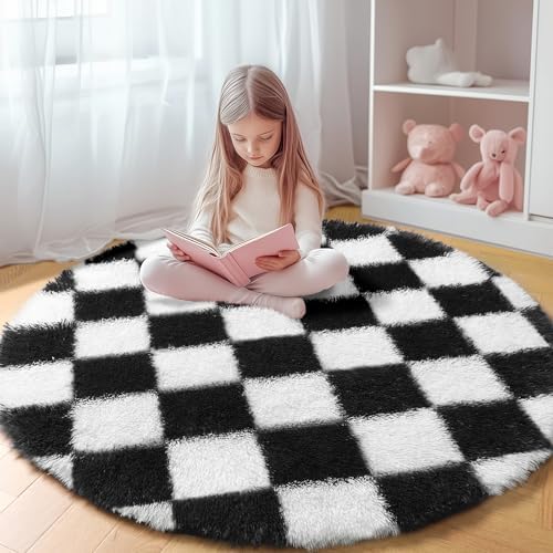 KICMOR Round Rugs 7ft Black and White Circle Area Rug, Fluffy Soft Large Fuzzy Shag Shaggy Bedroom Living Room Carpet, Indoor Checkered Circular Rug for Kids Boys Girls Home Decor Aesthetic, Nursery by KICMOR