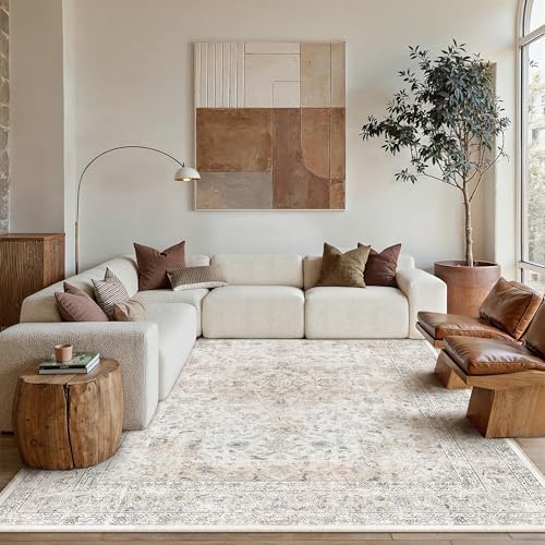 10x12 Washable Area Rug Beige Grey Non Slip Vintage Carpet - Image 2
