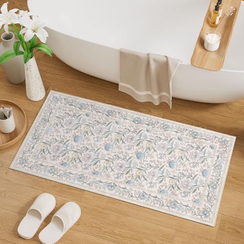 DUKINO 2x4 Rug, Washable Vintage Floral Entryway Rug Non Slip, Cream Blue - Image 3