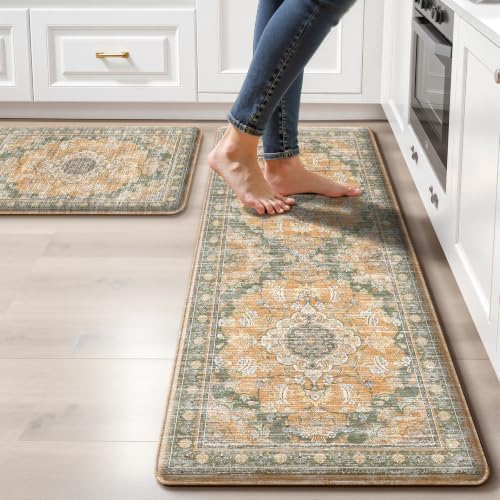 Boho Kitchen Mats for Floor 2PC Anti Fatigue Kitchen Rugs, Green Orange by tubeamin
