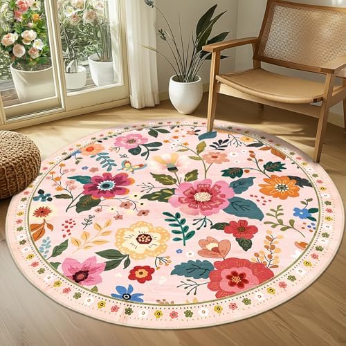 RELEANY Floral Washable Round 4ft Area Rug Pink - Image 2
