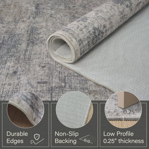 Washable 5x7 Modern Dusty Grey Area Rug for Dining Room Under Table, Bedroom, Minimalist Neutral Scandinavian Distressed Geometric Large Rugs for Living Room, Stain Resistant Low Pile Anti-Slip - Image 4