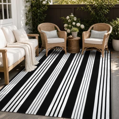 OJIA Outdoor Rugs 5'x7' Patio Rug Washable Carpet Black & White Camping Rug by OJIA