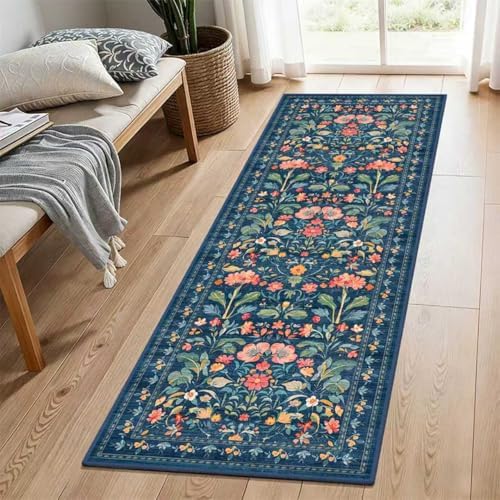 2x6 Soft Washable Runner Rugs: Velvet Feel & 5-10 Degrees Warmer Underfoot - Cottagecore Floral Hallway Carpet for Bedroom Kitchen Entryway - Family & Pet Friendly (Navy Distressed) by WIEVEDENS