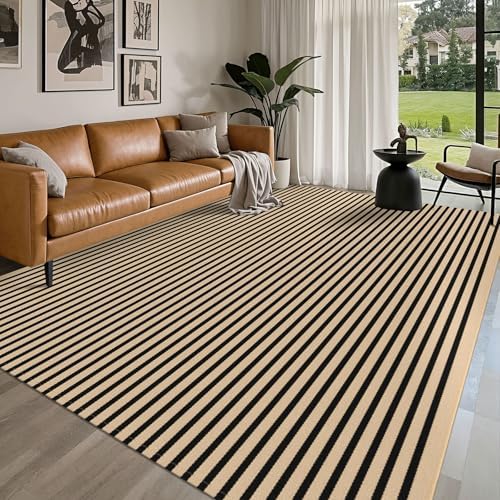 IOHOUZE 8x10 Striped Area Rug, Washable Indoor Outdoor, Tan Black by iOhouze