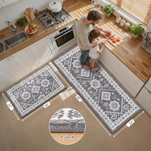 HEBE Boho Kitchen Rugs Set of 2, Non Slip Washable Kitchen Mats for Floor - Image 2