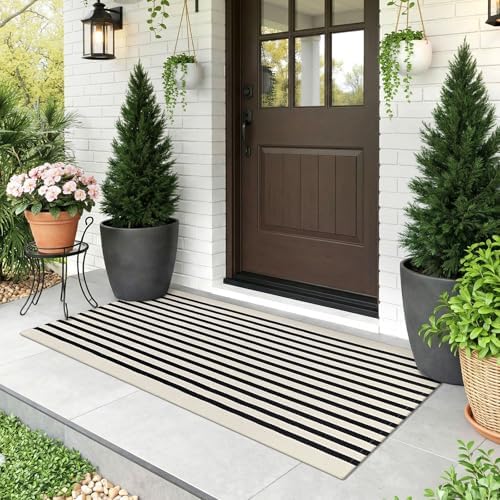 KOZYFLY Beige and Black Striped Runner Rug 2x4.3 ft Mat Woven Cotton Rug by KOZYFLY