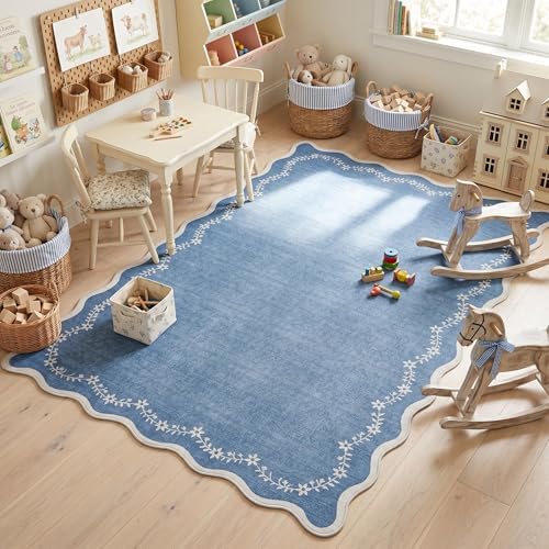 GarveeHome 4x6 Scalloped Washable Area Rug Blue Nursery Kids Bedroom Rug - Image 3