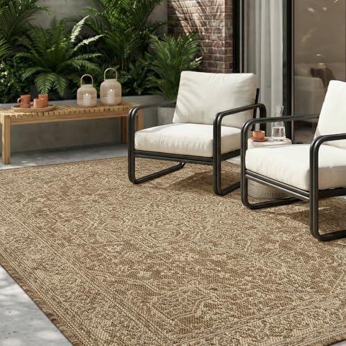 MontVoo-Outdoor Rug-Patio Rug 4x6 ft Polypropylene Indoor Outdoor Rugs Carpet for Patio Deck Balcony Porch,Textured Weave, Durable for High Traffic, Fade-Resistant, Vintage Medallion Neutral Brown by MontVoo