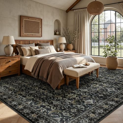 8x10 Area Rugs for Living Room - Washable Vintage Retro Large Rug, Soft Ultra Thin Non Slip Low Pile Traditional Distressed Boho Carpet for Bedroom Dining Room Home Office, Black Gold - Image 4