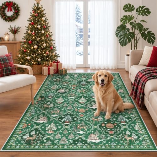 3x5 Christmas Non-Slip Area Rug, Green Washable Vintage Entryway Rug by Soalmost