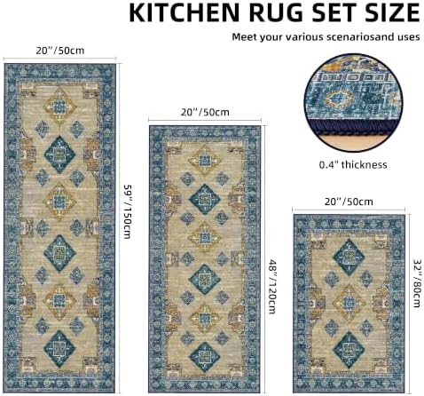 Kitchen Rugs Sets of 3 Non Slip Washable Kitchen Mats for Floor, Tan Blue - Image 2