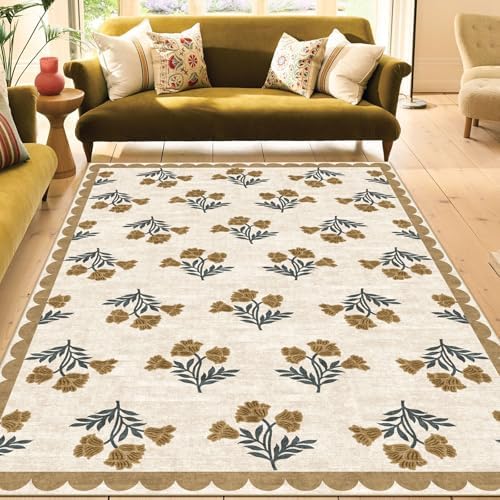 Beige 5x8 Living Room Area Rug - Washable Boho Floral Scalloped Bedroom Rug Stain Resistant Dining Room Rugs for Under Table Non Slip Cottage Farmhouse Rugs for Living Room Nursery Foyer Decor by Othilic
