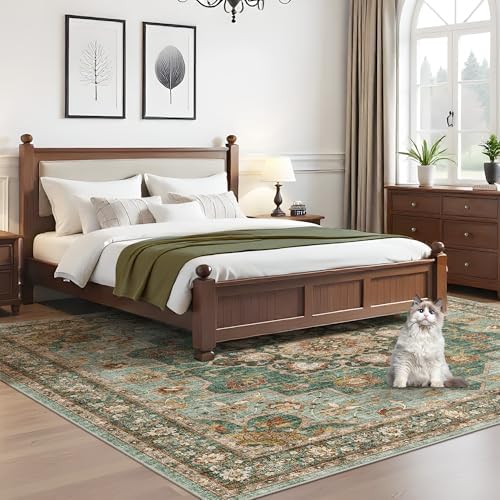 Washable Oriental Area Rug: Green 10x10 Area Rugs Low Pile Waterproof Rug - Image 3